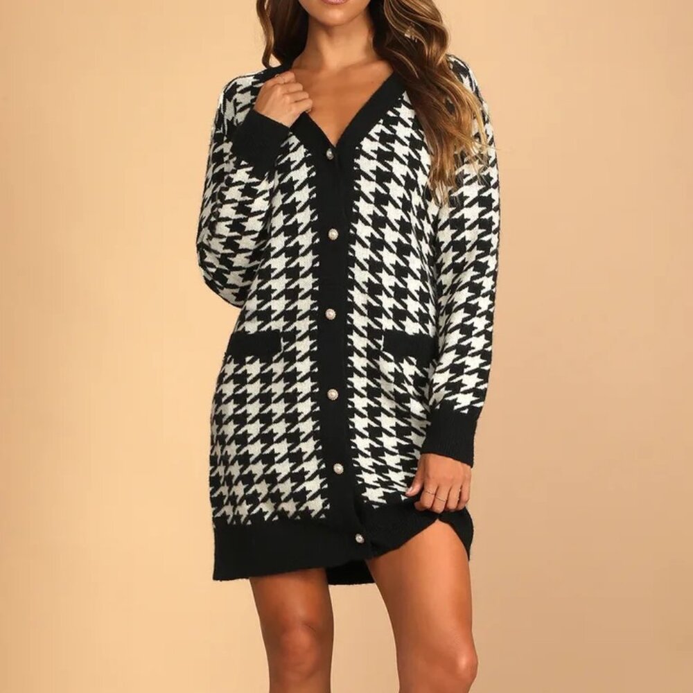 Lulus Truly Iconic Black and White Houndstooth Cardigan Sweater Dress